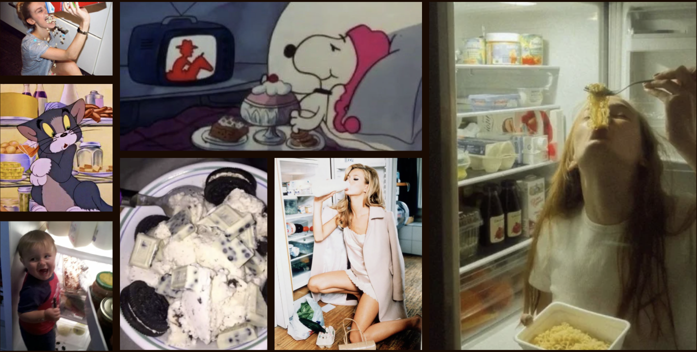 A collage of nostalgic midnight snacking scenes