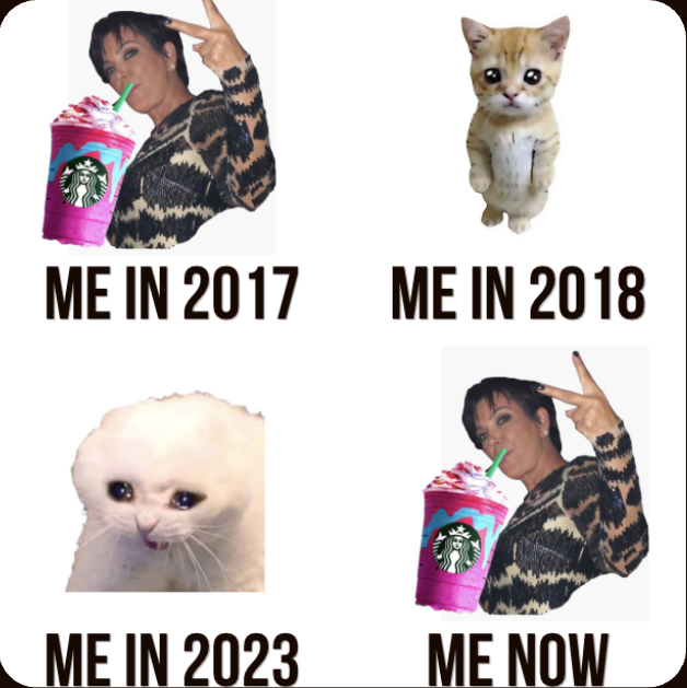Meme showing a Starbucks drink and cats across four years